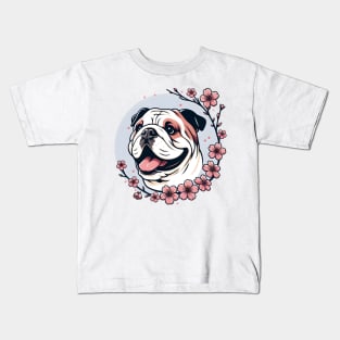 English Bulldog Revels in Spring's Cherry Blossoms Kids T-Shirt